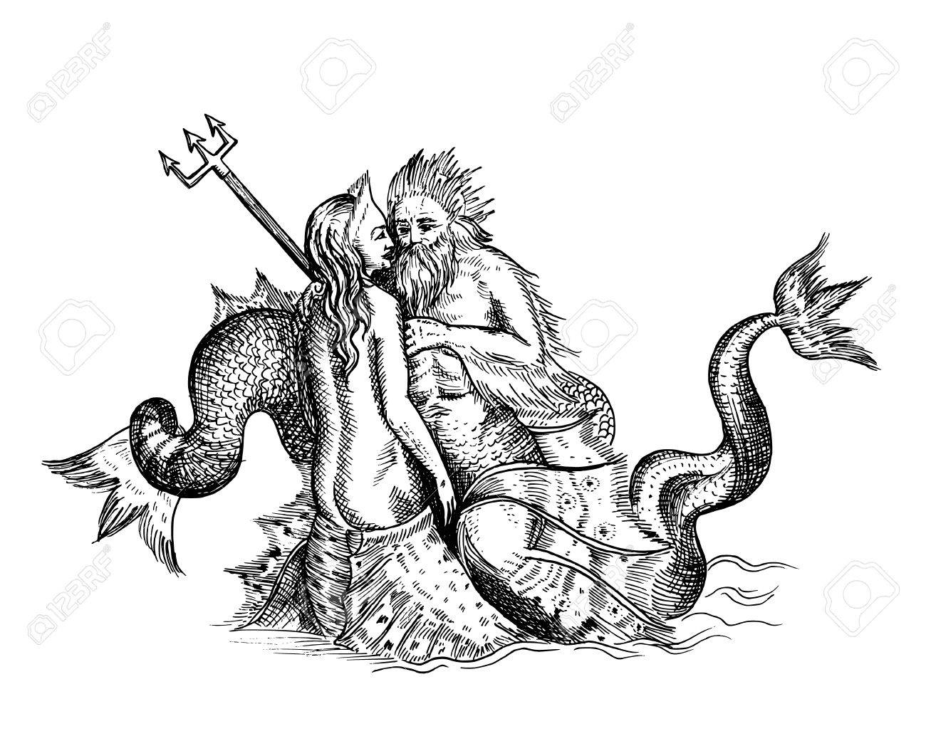 1300x1027 Hand Drawn Sketch Of Mermaid And Neptune Isolated On White Royalty