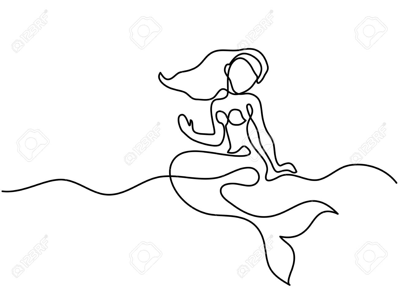 1300x975 Mermaid Sitting And Dreaming On The Beach. Continuous Line Drawing