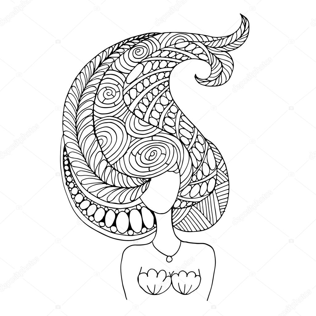 1024x1024 Mermaid Portrait, Zentangle Sketch For Your Design Stock Vector
