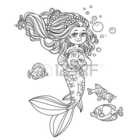 450x450 Cute Happy Little Mermaid Girl Outlined Isolated On A White
