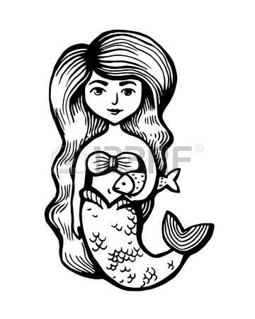 360x450 Mermaid With Long Hair And Fish. Hand Drawn Summer Doodle. Vector