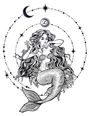 345x448 Mermaid Girl Sitting On Fishing Hook Artwork. Stock Vector