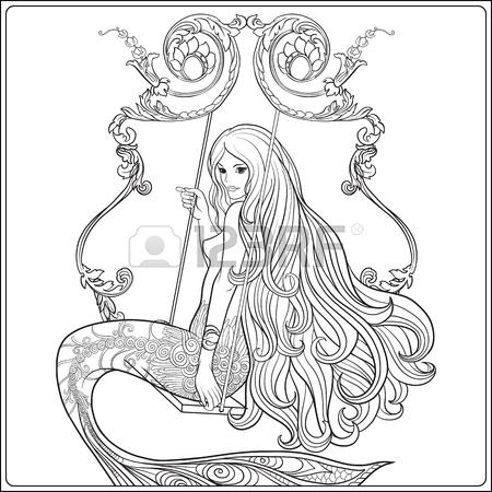 450x450 Hand Drawn Mermaid With Long Hair In Underwater World. Stock