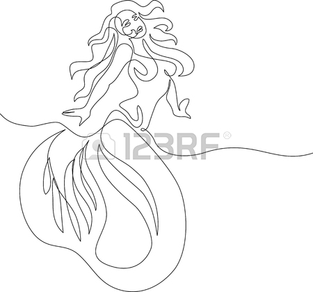 450x420 Mermaid Sitting And Dreaming On The Beach. Continuous Line Drawing