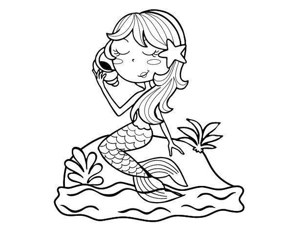 600x470 Mermaid Sitting On A Rock With A Sea Snail Coloring Page