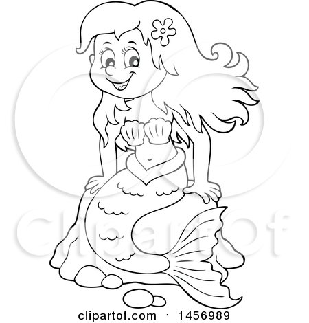 450x470 Clipart Of A Cartoon Black And White Mermaid Sitting On A Rock