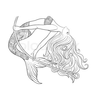320x320 Hand Drew Mermaid With Long Hair. Stock Line Vector Illustration