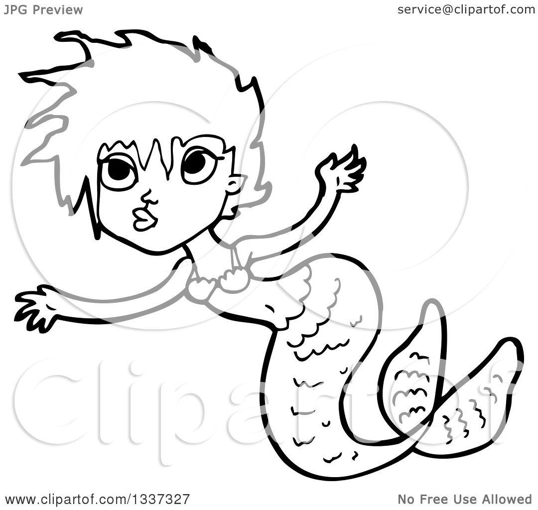 1080x1024 Lineart Clipart Of A Cartoon Black And White Mermaid Swimming 6