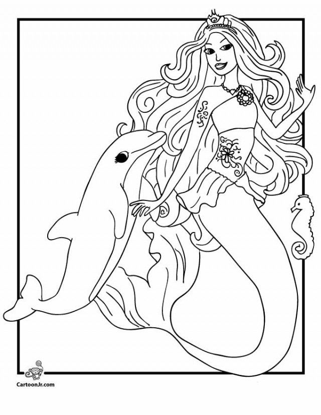 640x828 Swimming Mermaid And Dolphin Coloring Pages For Kids Coloring