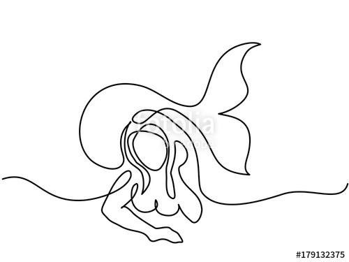 500x375 Mermaid Laying And Dreaming On The Beach. Continuous Line Drawing