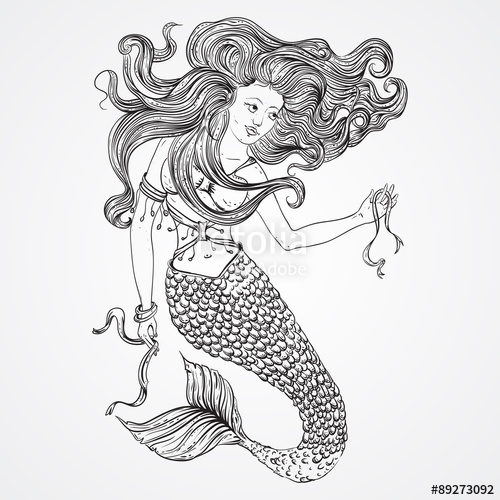 500x500 Mermaid With Beautiful Hair Holds A Ribbons. Tattoo Art. Retro