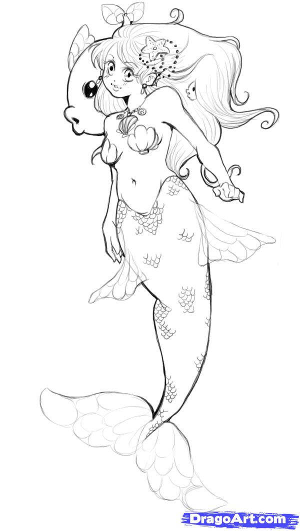 600x1062 How To Draw A Cute Mermaid, Step By Step, Mermaids, Mythical