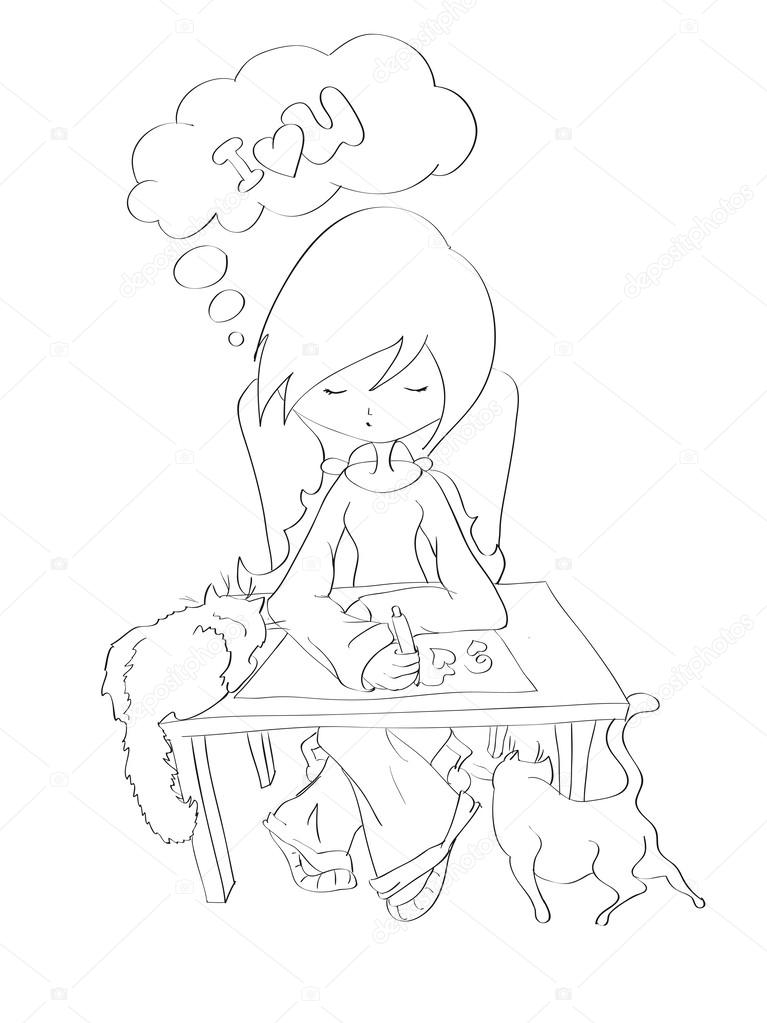 767x1023 Contour Of Beautiful Girl With Two Cats Drawing Romantic Message
