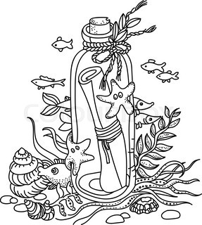 287x320 Message In A Bottle On Sea Bottom. Free Hand Drawing. Good