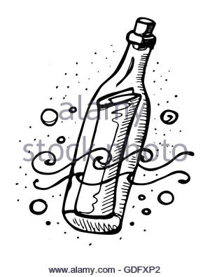 300x395 Hand Drawn Message In A Bottle Floating In Ocean Stock Photo
