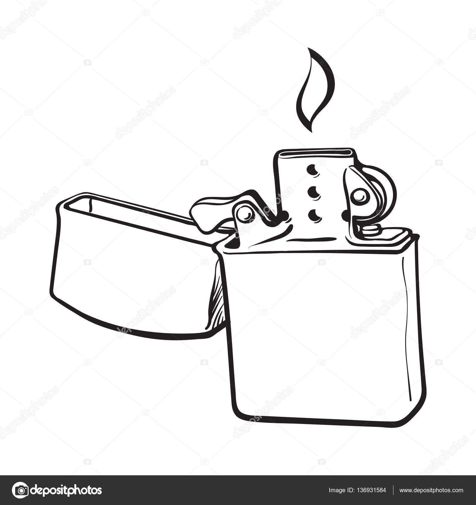 1600x1700 Silver Metal Windproof Lighter With Flame, Sketch Vector