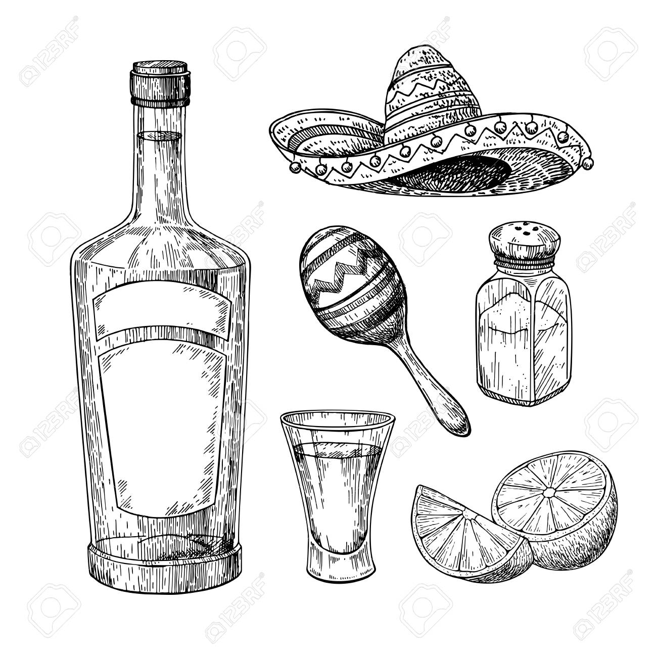 1300x1300 Tequila Bottle, Salt Shaker And Shot Glass With Lime. Mexican