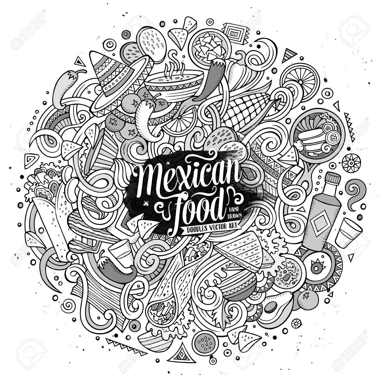 1300x1300 Cartoon Cute Doodles Hand Drawn Mexican Food Illustration. Line