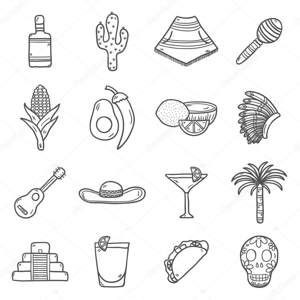 1024x1024 Set Of Cute Hand Drawn Outline Icons On Mexico Theme Sombrero