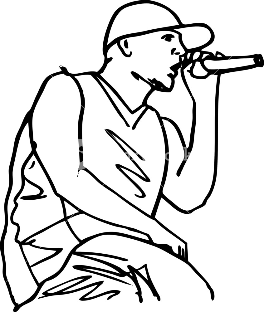 846x1000 Sketch Of Hip Hop Singer Singing Into A Microphone. Vector