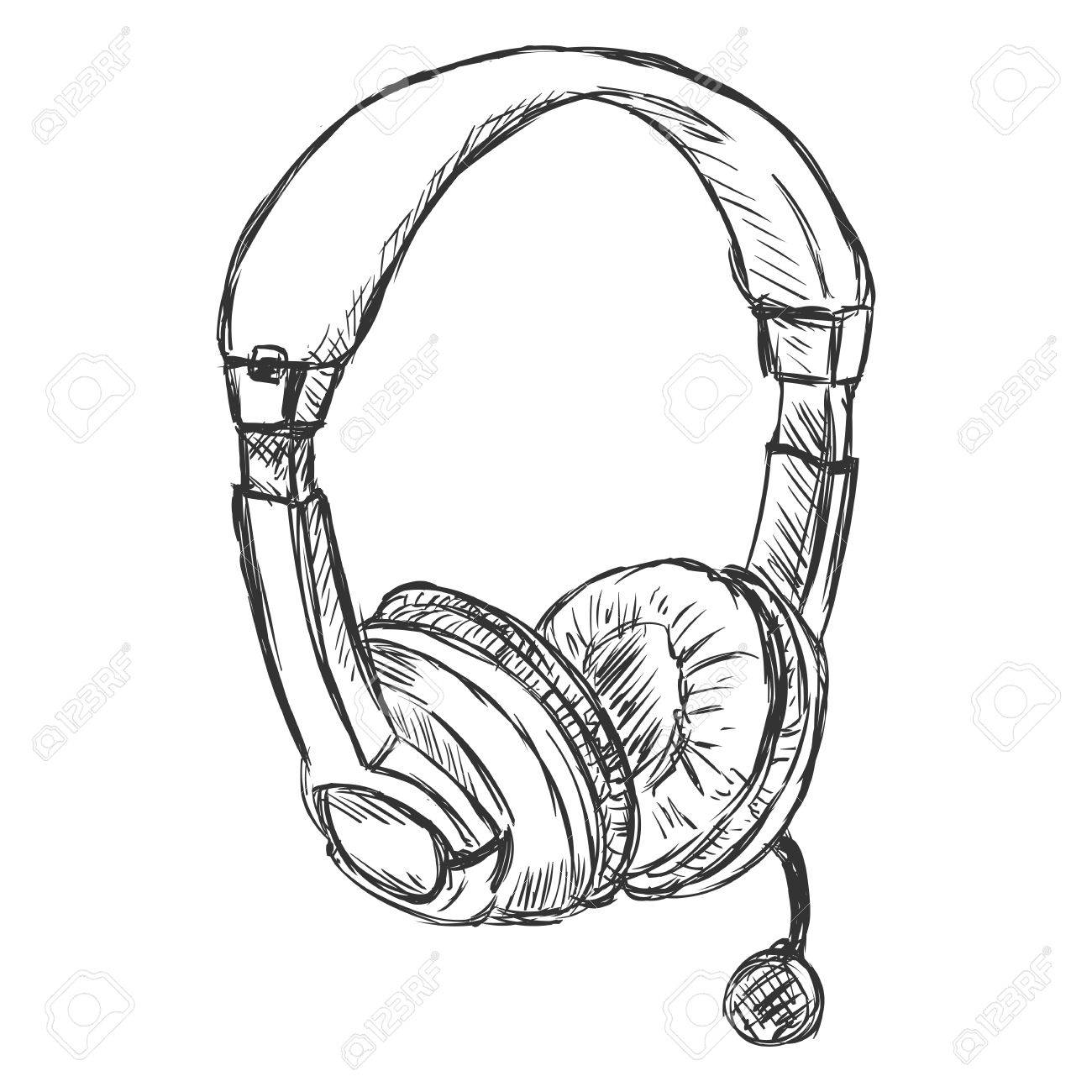 1300x1300 Vector Sketch Headset. Circumaural Headphones With Microphone