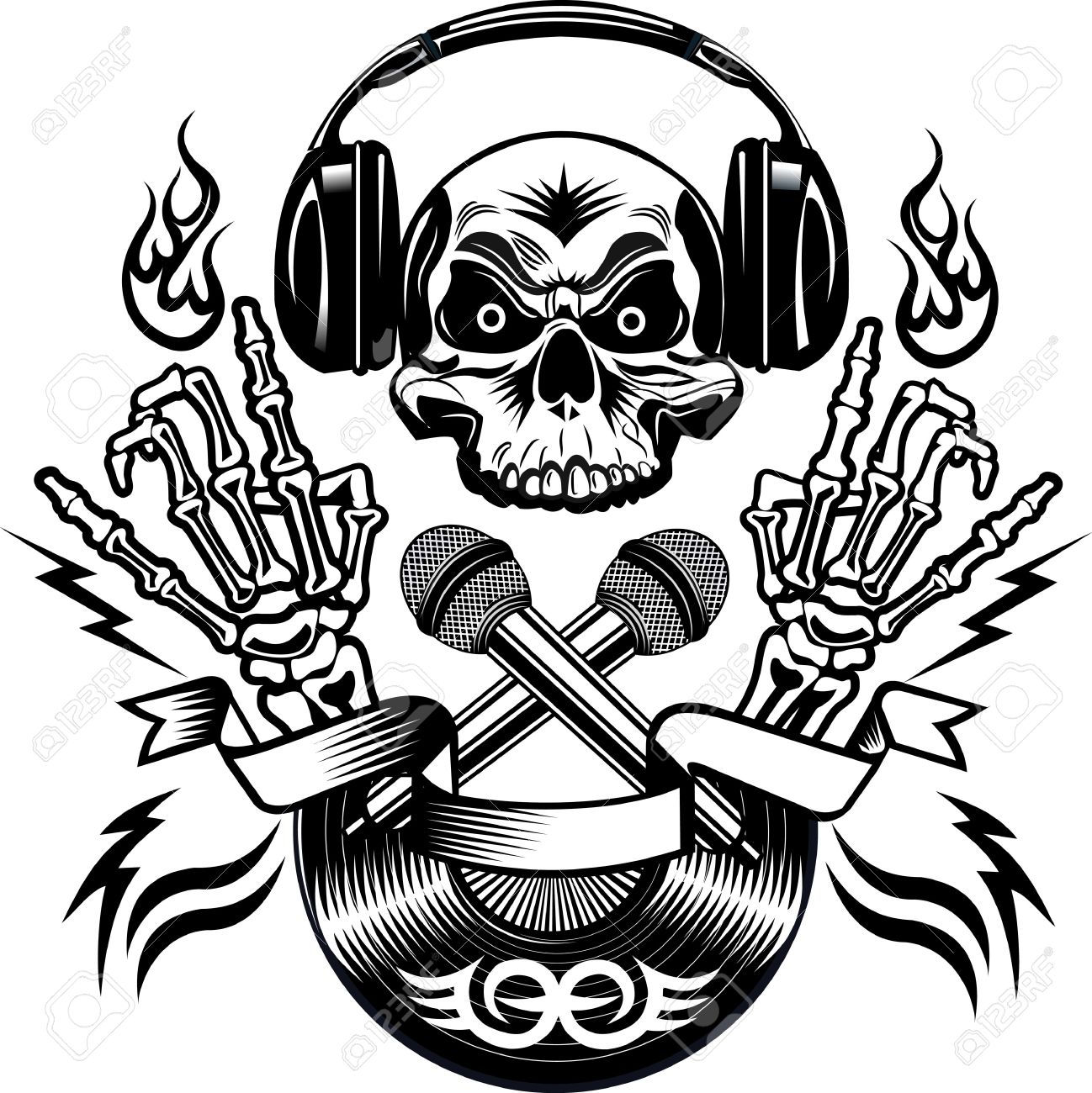 1298x1300 Tattoo Dj Human Skull And Microphone Royalty Free Cliparts