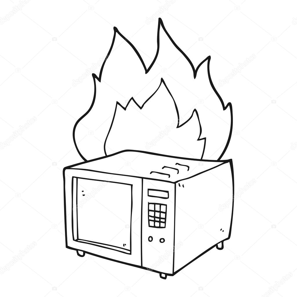 1024x1024 Black And White Cartoon Microwave On Fire Stock Vector