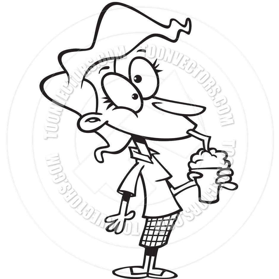 940x940 Cartoon Woman Drinking Milkshake (Black And White Line Art) By Ron
