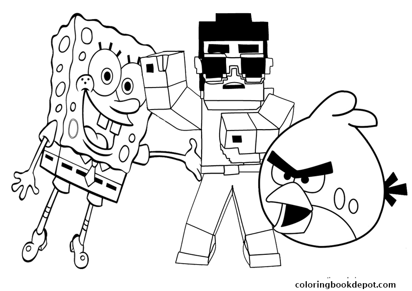 842x595 Minecraft With Angry Birds And Spongebob Coloring Pages