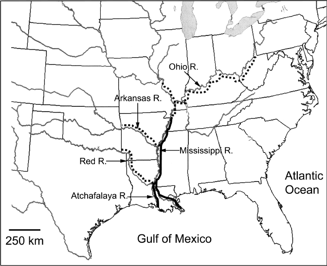 672x548 The Distribution Macrobrachium Ohione , Past (Dotted Lines)