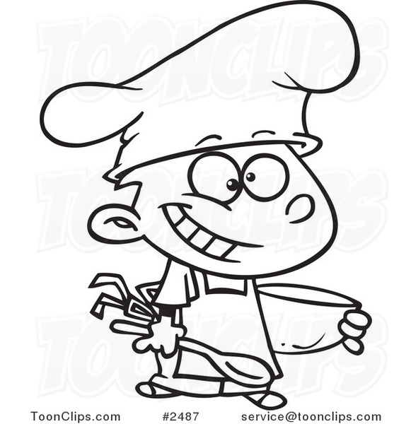 581x600 Cartoon Blacknd White Line Drawing Of Happy Chef Boy Holding