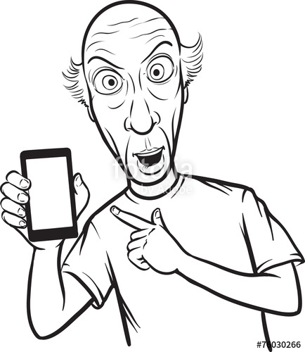 434x500 Line Drawing Of A Shocked Bald Man Showing A Mobile App On A Sma