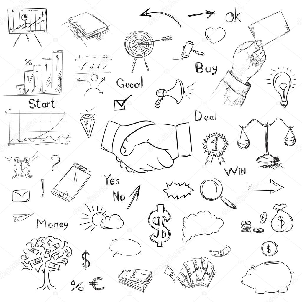 1024x1024 Sketch Collection Business Elements In Vector. Drawing Freehand