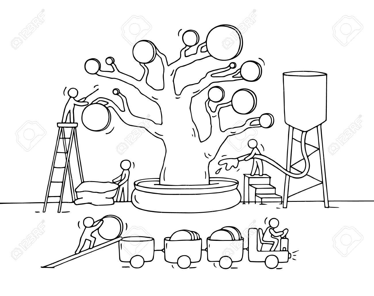 1300x1031 Sketch Of Working Little People Harvest A Money Tree With Golden