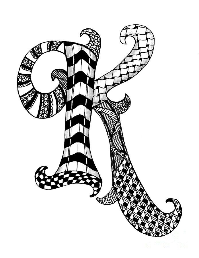 694x900 Zentangle Letter K Monogram In Black And White By Nan Wright