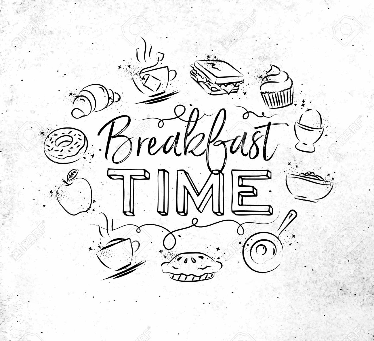 1300x1185 Breakfast Time Monogram With Food Icon Drawing On Dirty Paper