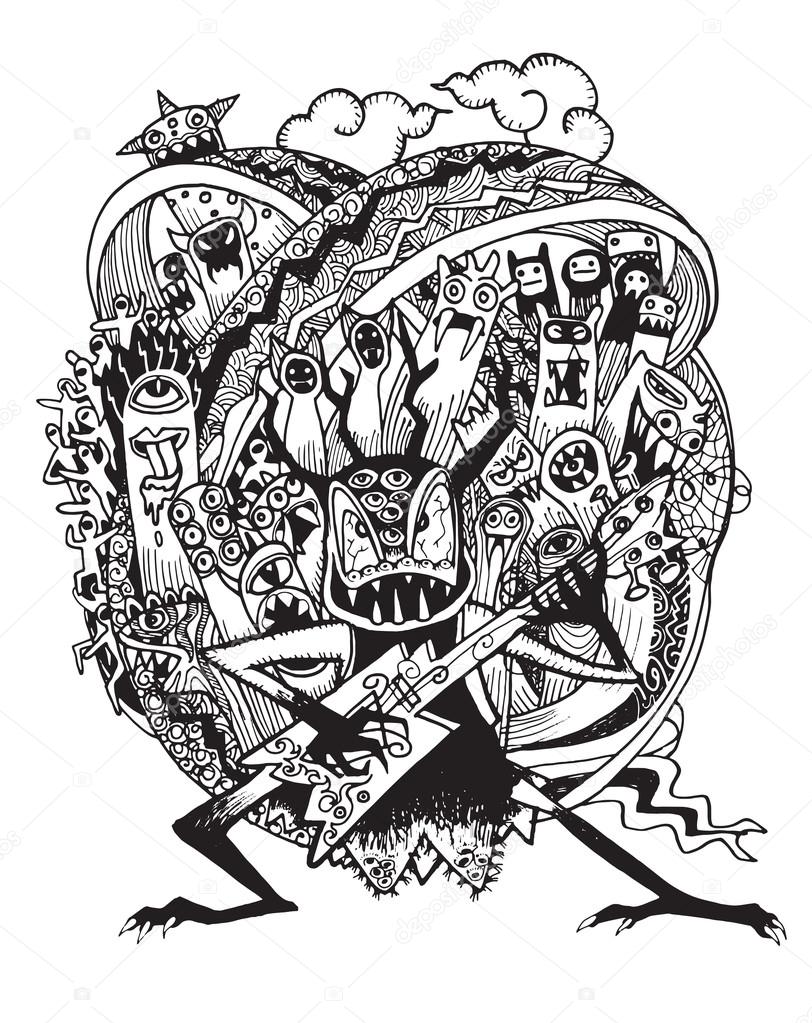 812x1023 Hand Drawn Monster Rock Band Playing Rock Music Stock Vector