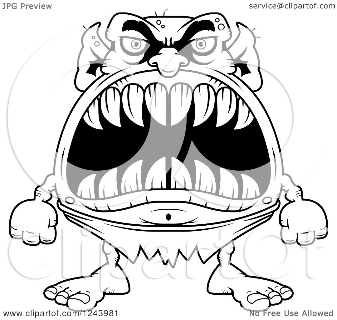 1080x1024 Clipart Of A Black And White Goblin Monster With Big Teeth