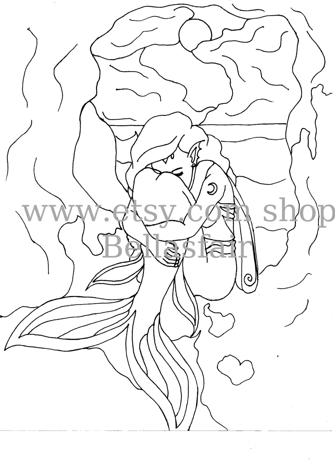 1090x1500 Hand Drawn Mermaid, Mythical, Coloring Page, Coloring, Wings, Moon