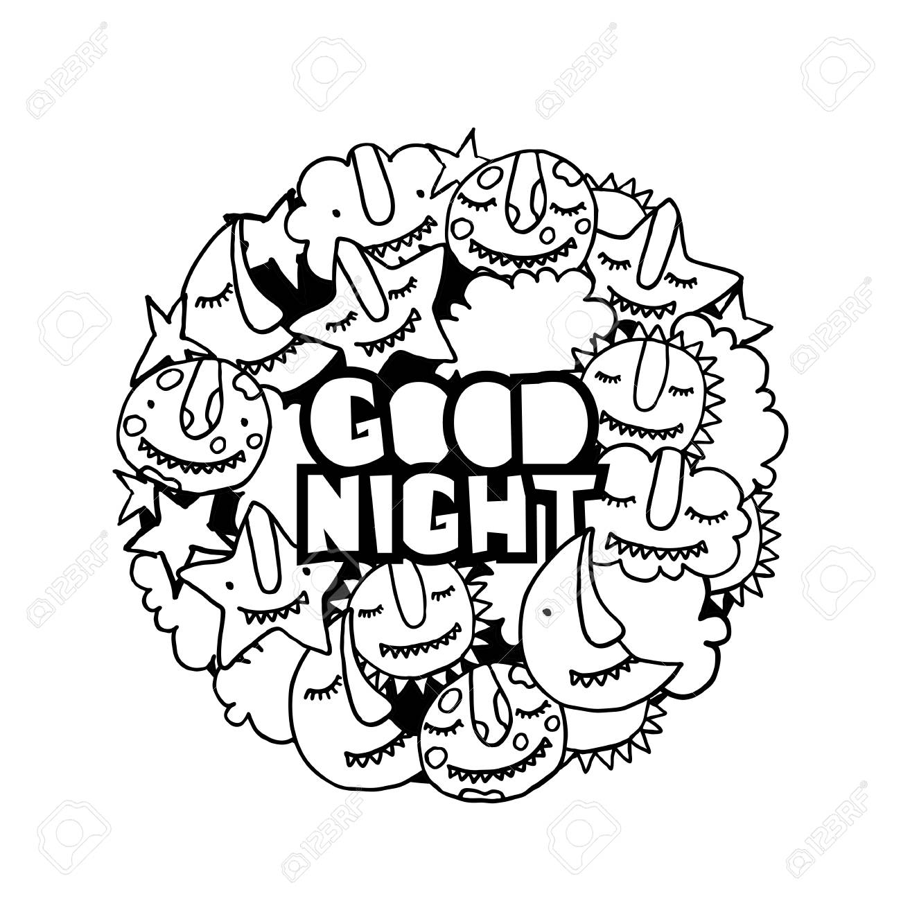 1300x1300 Vector Kids Doodle Good Night Illustration. Cute Cartoon Monsters