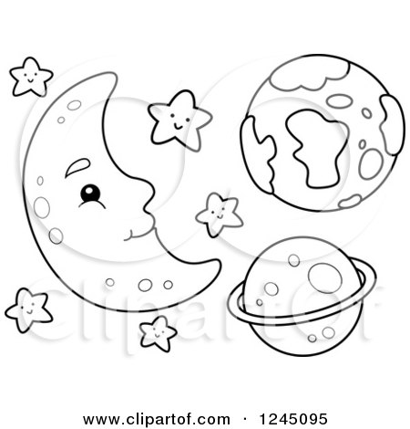 450x470 Clipart Of A Black And White Happy Moon With Stars And Planets