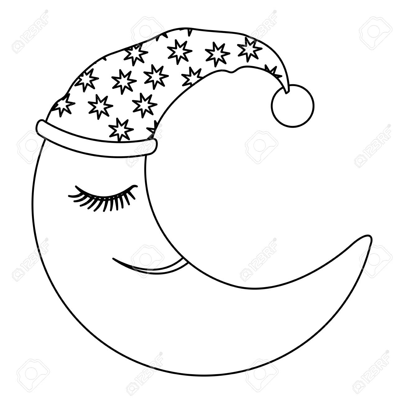 1300x1300 Moon Half Caricature With Sleeping Cap Sketch Silhouette On White