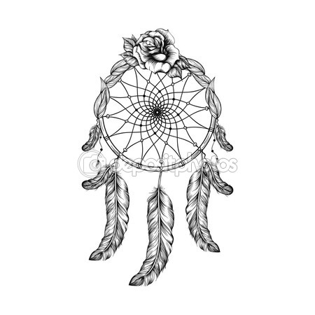 450x450 Dream Catcher With Feathers, Leafs And Rose In Line Art Style