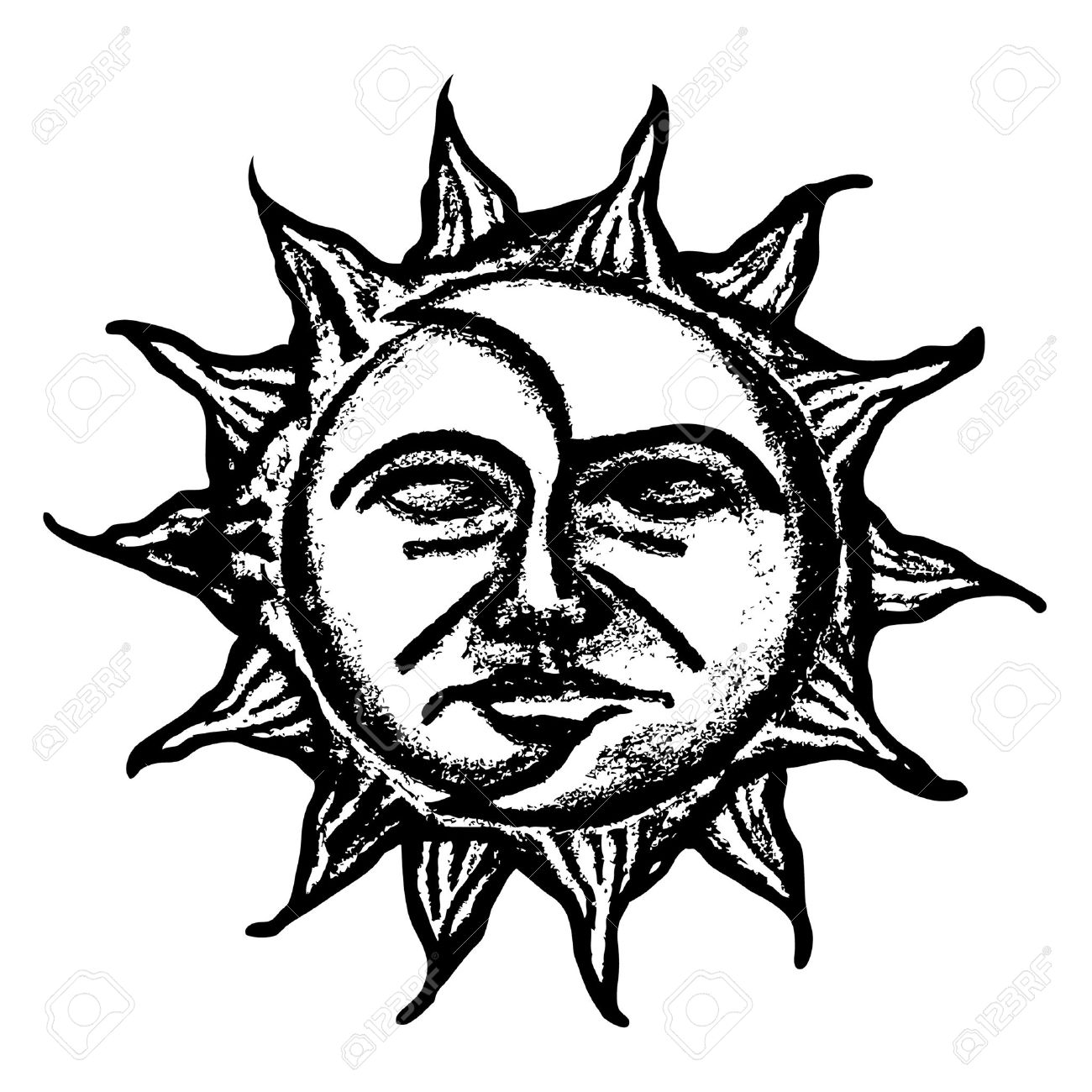 1300x1300 Black And White Sun And Moon Face Sketch Royalty Free Cliparts