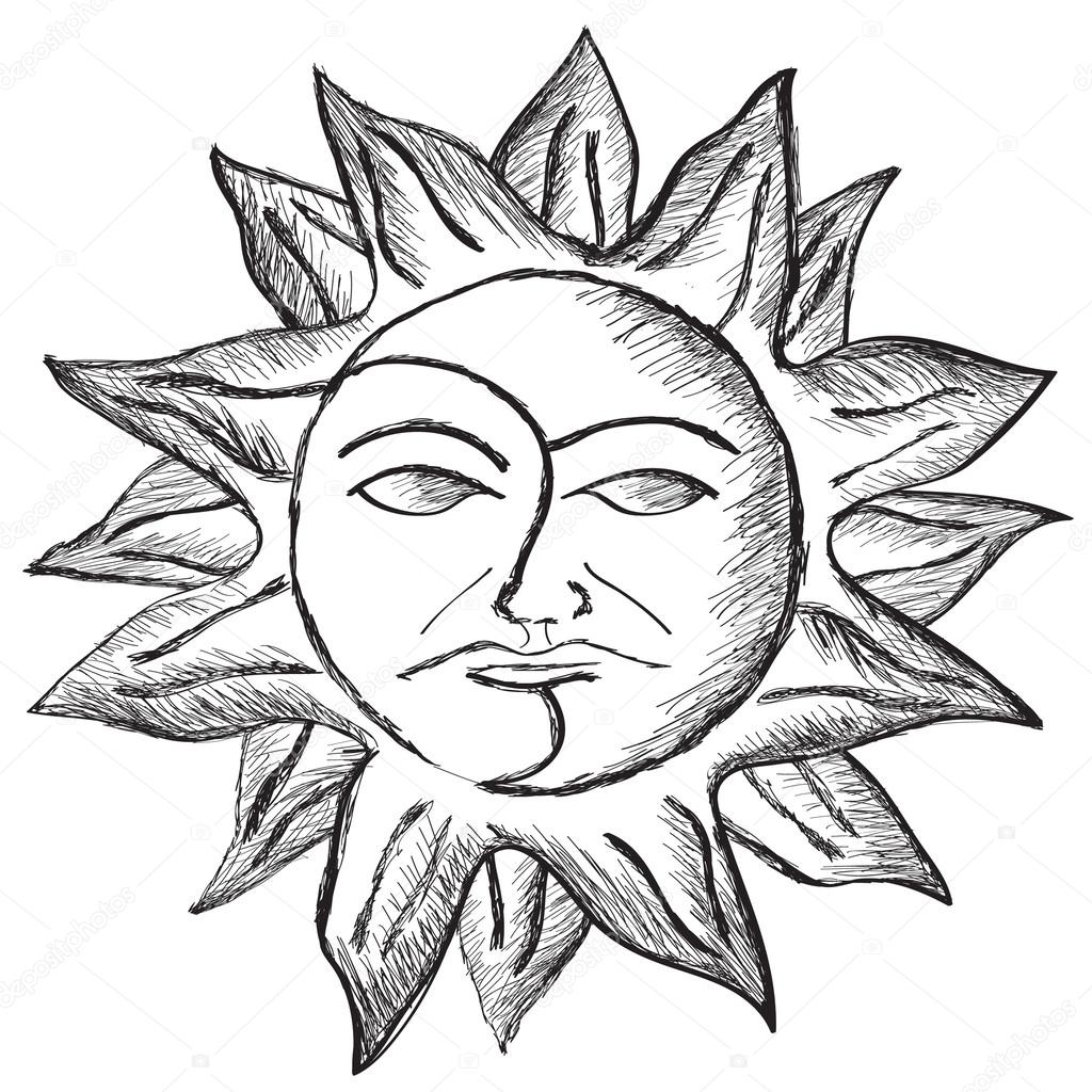 1024x1024 Sketch Of Sun And Moon Face Stock Vector Pizla09