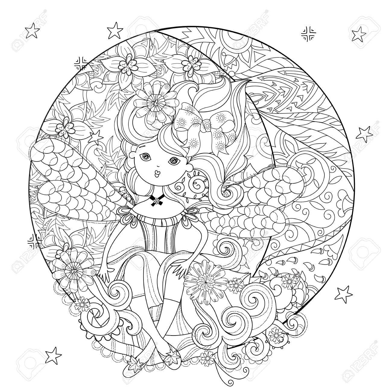 1300x1298 Vector Cute Fairy Girl In Flowers On Christmas Half Moon Vector