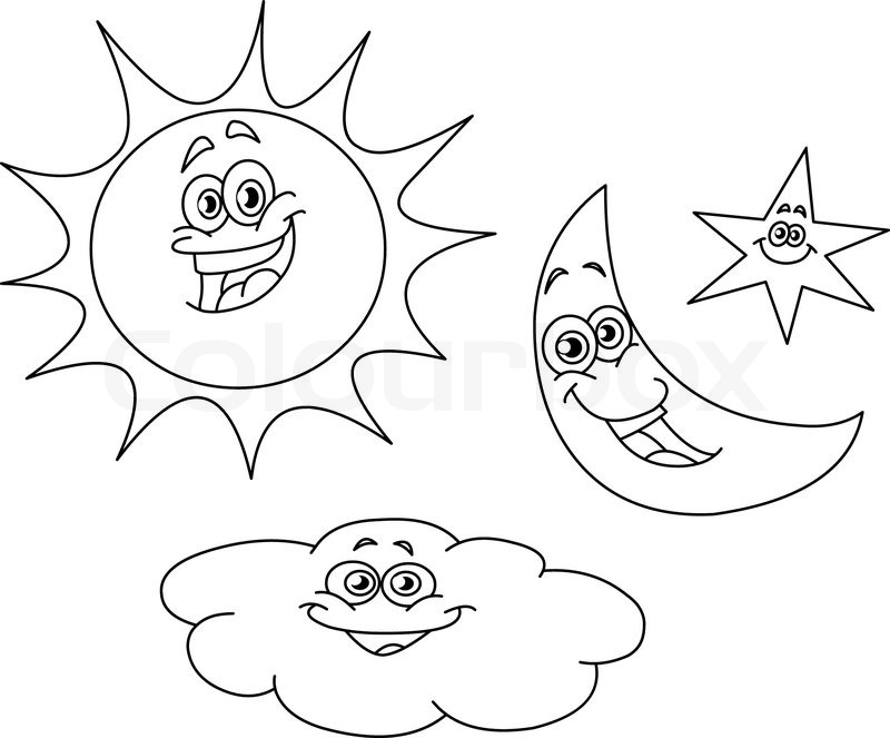 800x663 Outlined Sun Moon Star And Cloud Set Stock Vector Colourbox