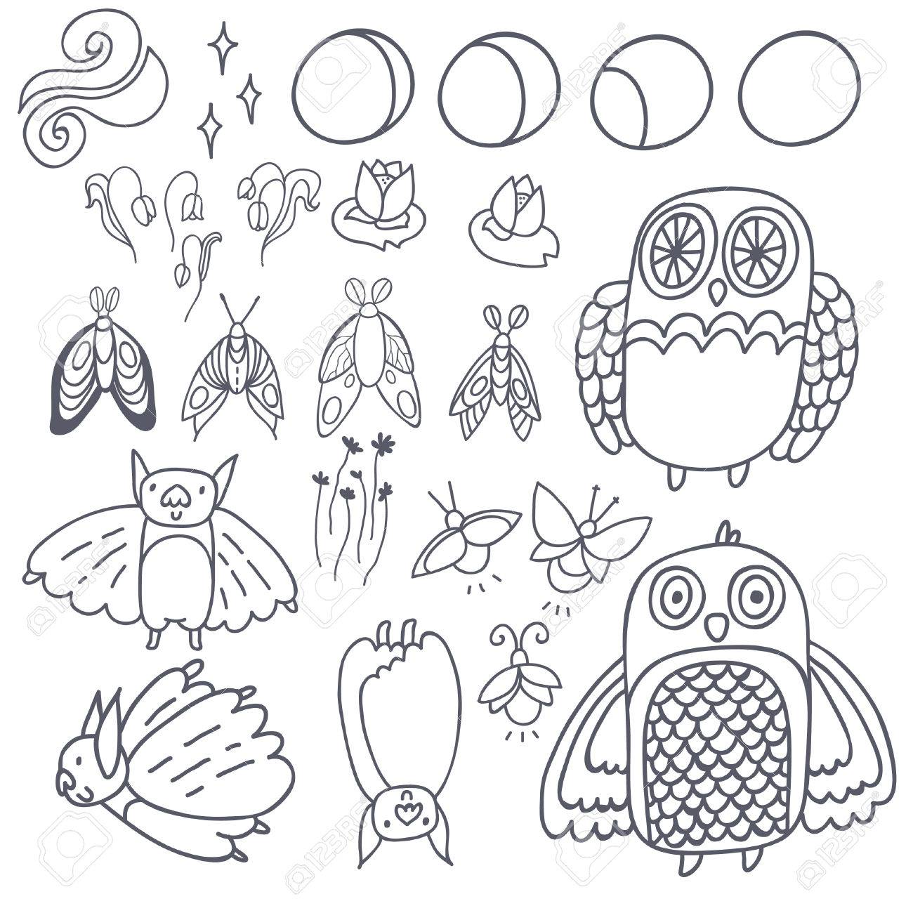 1300x1300 Night Creatures Outline Vector Set With Adorable Owls, Bats
