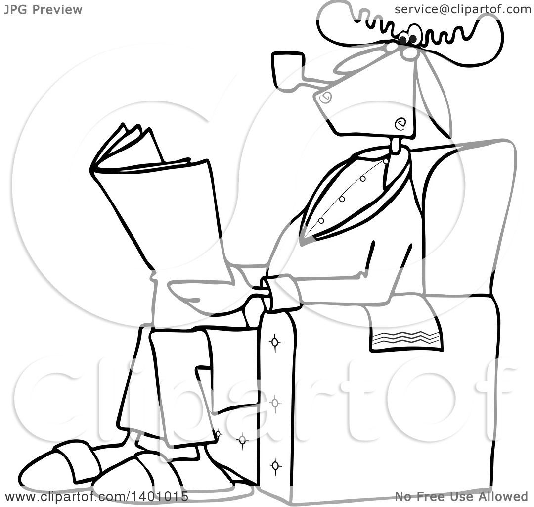 1080x1024 Clipart Of A Cartoon Black And White Lineart Moose Smoking A Pipe