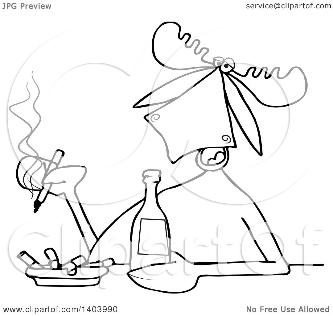 1080x1024 Clipart Of A Cartoon Black White Lineart Moose Smoking